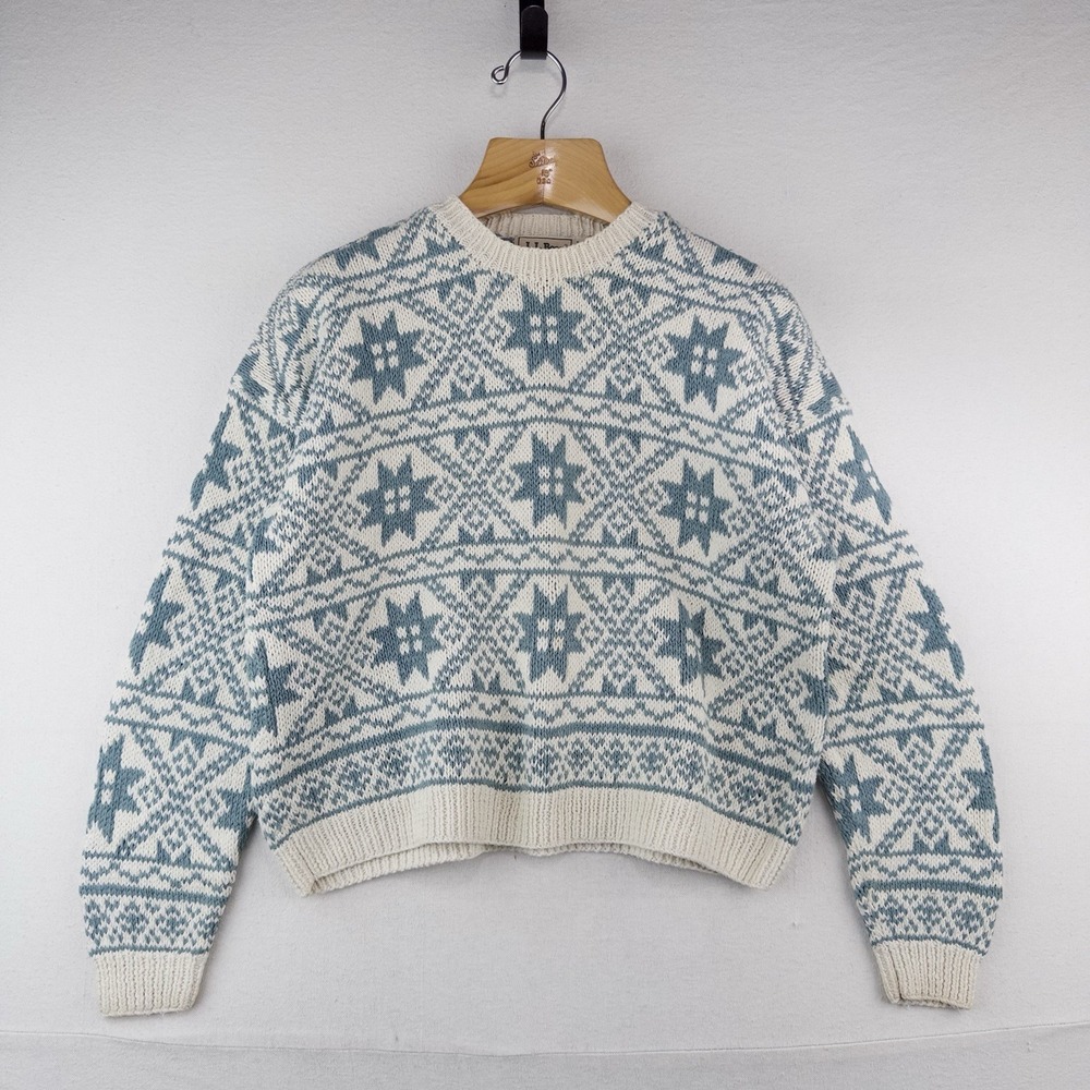 80's Vtg LL BEAN Women's L Nordic Ramie Blend Knit Blue Cream Snowflake Sweater